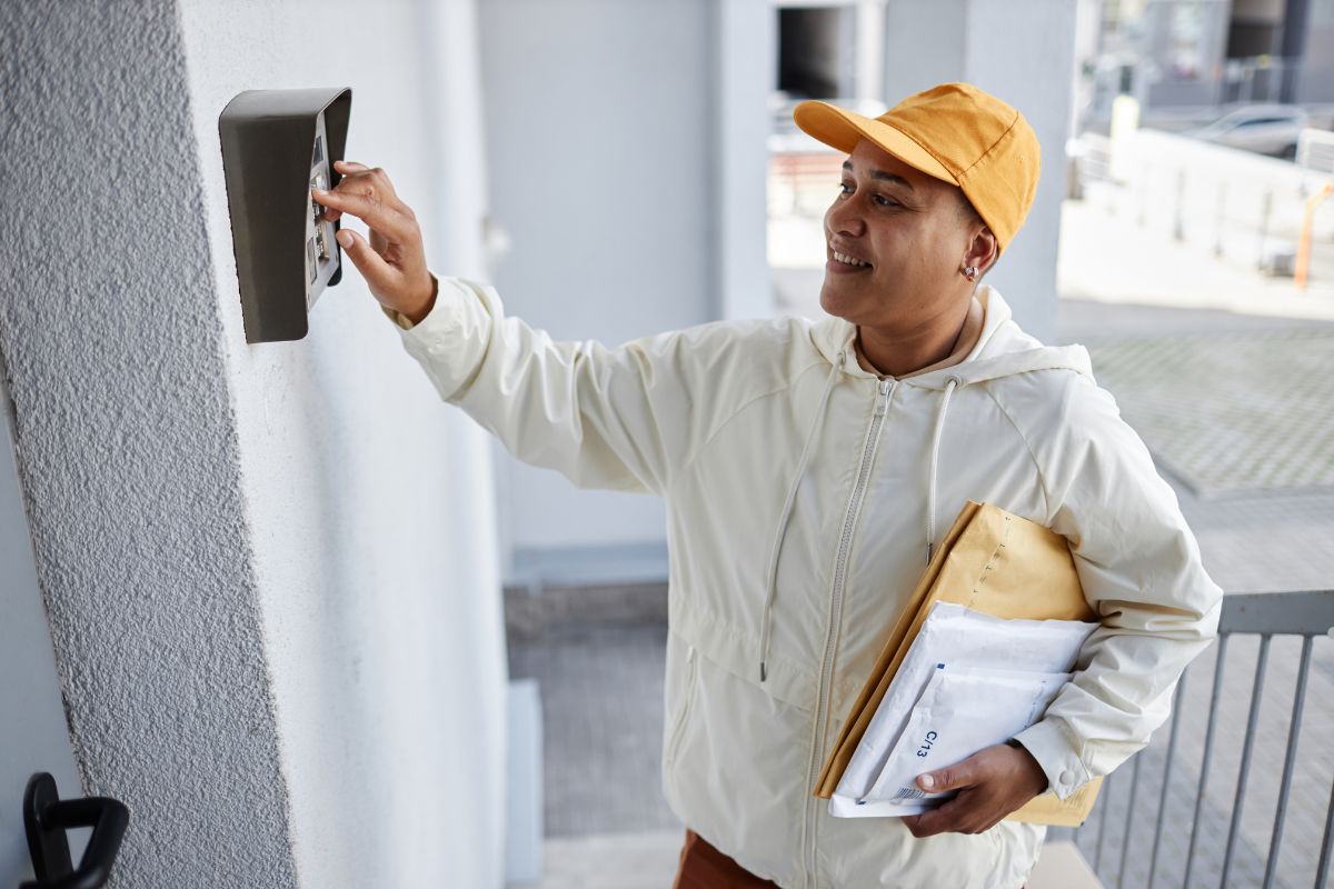 A man in a white jacket and hat holds a letter, possibly related to home security video doorbells.