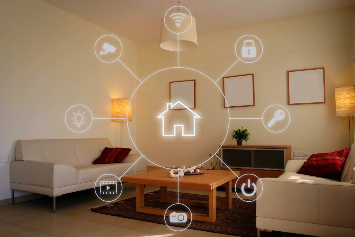 A modern living room featuring smart home devices connected to the internet, showcasing a blend of technology and comfort.